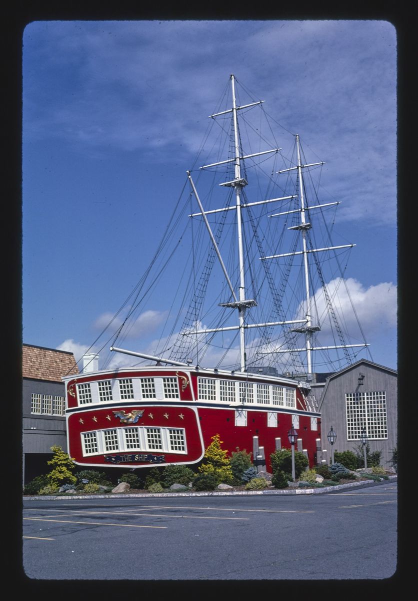 The Ship restaurant, a full-size sailing ship with masts on dry land